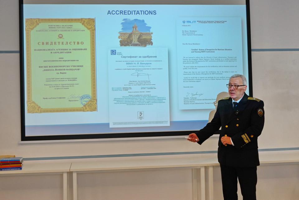 Flotilla admiral, Professor Kalin Kalinov, Rector of NVNA, greets the attendees (15 Apr 2026, Varna)